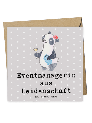 Mr. & Mrs. Panda Grußkarte Eventmanagerin Leidenschaft mit Spruch in Grau Pastell
