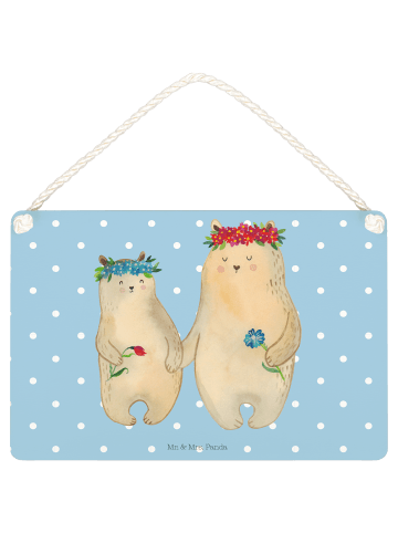 Mr. & Mrs. Panda Deko Schild Bären mit Blumenkranz ohne Spruch in Blau Pastell