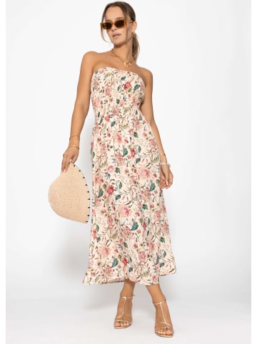 SASSYCLASSY Gesmoktes Bandeau-Kleid mit Print in Beige