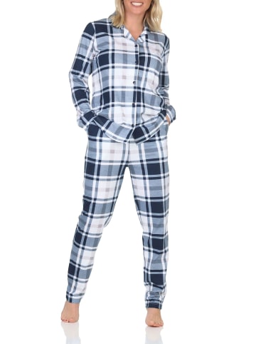 NORMANN Schlafanzug langarm Pyjama karierte Optik Jersey - 87042 in marine