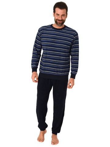 NORMANN Lange Frottee Pyjama Schlafanzug Bündchen Streifen - 50169 in marine