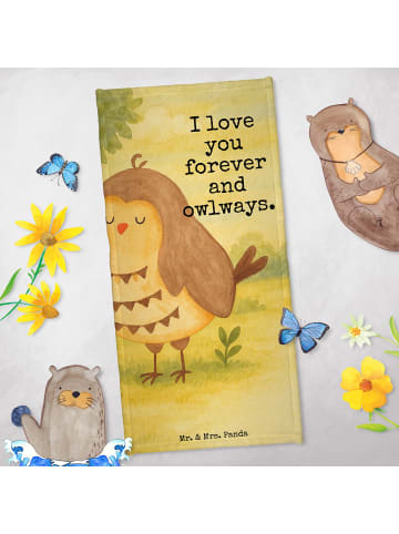 Mr. & Mrs. Panda Badhandtuch Eule Zufrieden Design mit Spruch in Türkis Pastell