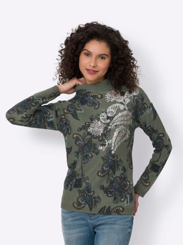 Heine Stehkragenpullover in khaki-aqua-bedruckt