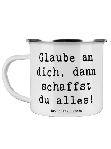 Mr. & Mrs. Panda Emaille Becher Spruch Angst überwinden mit Spruch in Weiß