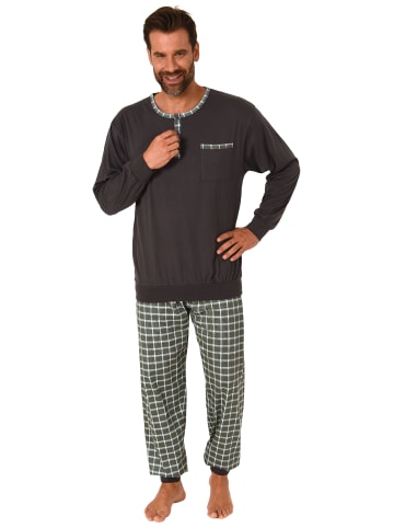 NORMANN Pyjama Schlafanzug Bündchen und karierter Jersey Hose - 68051 in dunkelgrau