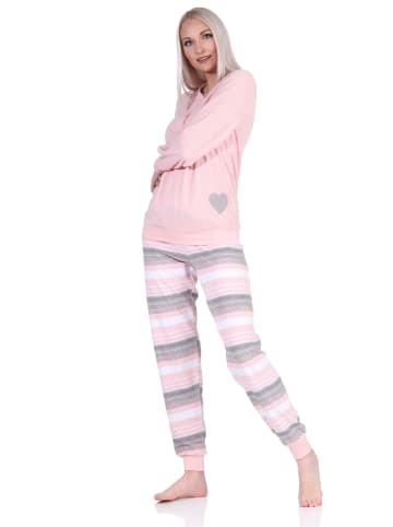 NORMANN Frottee langarm Pyjama Bündchen und und gestreifter Hose - 69437 in rosa