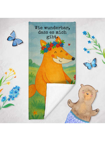 Mr. & Mrs. Panda Badehandtuch Fuchs Blumen Design mit Spruch in Türkis Pastell