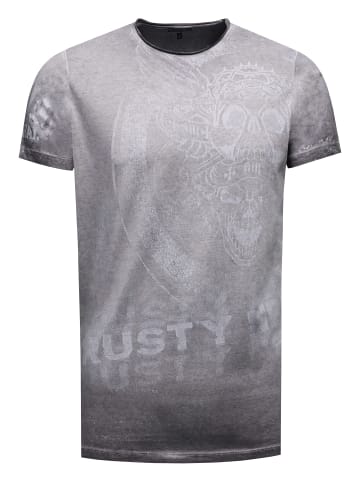 Rusty Neal Vintage Biker T-Shirt mit Skull All Over Print, Oil Wash & Raw Edge in Schwarz