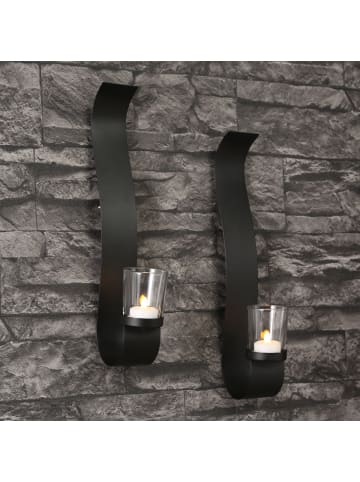 MARELIDA 2er Set Wandkerzenhalter mit Glasteelichthalter H: 35cm in schwarz