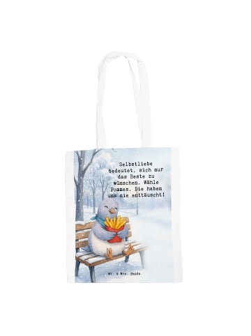 Mr. & Mrs. Panda Tote Bag Taube Winter Pommes Design mit Spruch in Weiß