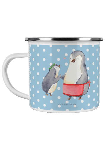 Mr. & Mrs. Panda Camping Emaille Tasse Pinguin mit Kind ohne Spruch in Blau Pastell