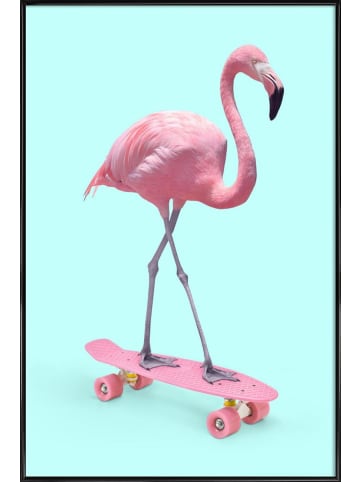 Juniqe Poster in Kunststoffrahmen "Skate Flamingo" in Blau & Rosa