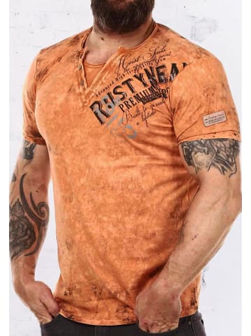 Rusty Neal V-Neck T-Shirt Verwaschen mit Seitlichem Logo Print in Orange