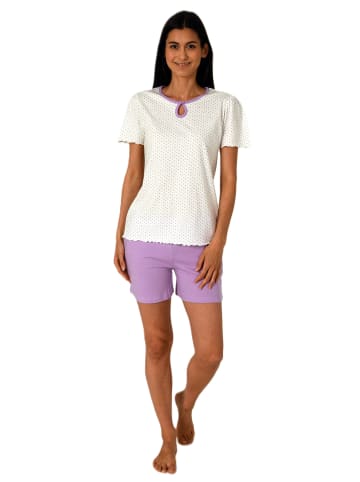 NORMANN Kurzarm Schlafanzug Pyjama Shorty Tupfen Punkte Optik in flieder