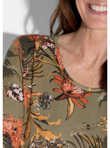 GOLDNER Kurzgröße:  Blusenshirt mit Tropen-Design in khaki / orange / gemustert
