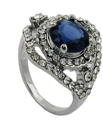 Gallay Ring 17mm großer blauer Glasstein mit kleinen weißen Glassteinen rhodiniert Ringgröße 50 in silber