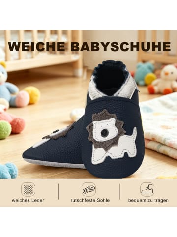 Bemesu Krabbelschuhe aus echtem Leder mit Wildledersohle Dunkelblau Löwe
