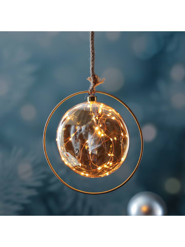 MARELIDA LED Glaskugel mit Juteseil beleuchtet mit Timer D: 20cm in braun
