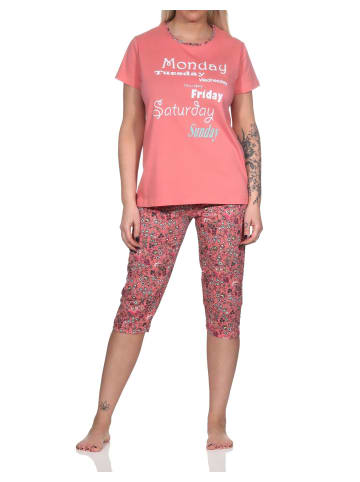 NORMANN Damen Capri Pyjama mit Allover-Muster und Frontprint - 86334 in apricot