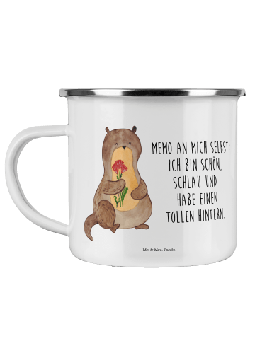 Mr. & Mrs. Panda Emaille Tasse Otter Blumenstrauß mit Spruch in Weiß