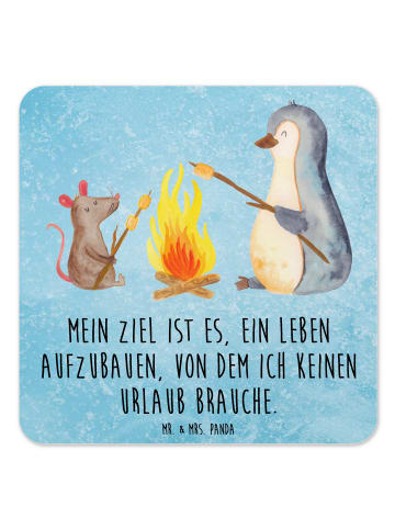 Mr. & Mrs. Panda Untersetzer Pinguin Lagerfeuer mit Spruch in Eisblau