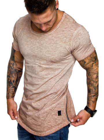 Amaci&Sons Basic T-Shirt mit Zipper und Rundhalsausschnitt AUSTIN in Beige Verwaschen