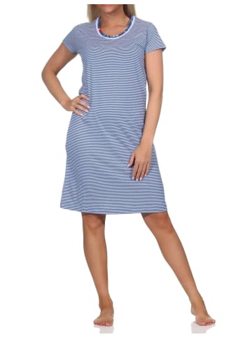 NORMANN Kurzarm Nachthemd Streifenoptik Spitzenbesatz - 85643 in marine