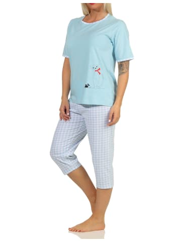 NORMANN kurzarm Capri Schlafanzug Katzen und lang Karo Jersey Hose - 66212 in hellblau