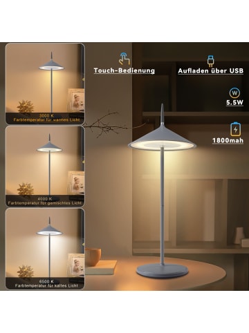 ZMH Tischleuchte LED in grau Touch Dimmbar kabellos IP44 USB Wiederaufladbar 1800mAh