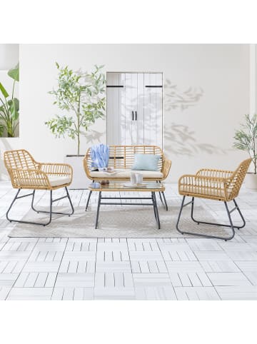 home24 home24 Loungeset 4-teilig Braun / Beige - Polyrattan, Polyester & Eisen mit Glasplatte in Braun / Beige