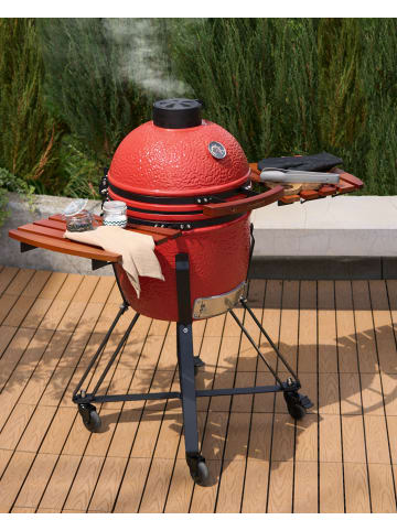 Beliani Holzkohlegrill KAMADO in Rot/Schwarz/Heller Holzfarbton