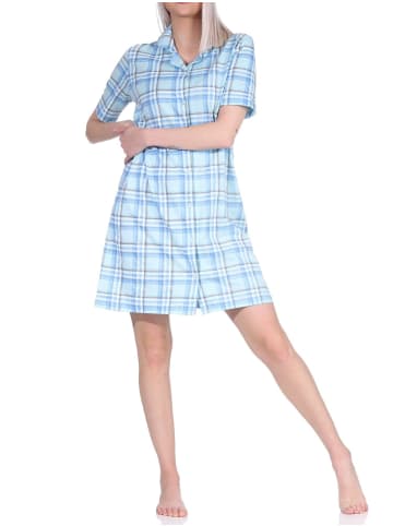 NORMANN kurzarm Nachthemd Jersey zum durchknöpfen Karo - 73154 in helltürkis