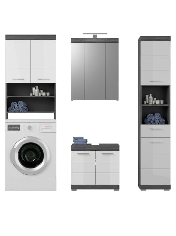 Inn.Furn Badmöbel-Set weiß Hochglanz, grau 4-teilig 190 cm, Komplettset mit 23 Fächern