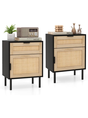 COSTWAY 2er Set Nachttisch Rattan in Schwarz