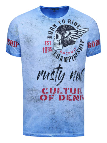 Rusty Neal Vintage Biker T-Shirt Oil Wash mit Raw Edge & Front- und Backprint in Indigo