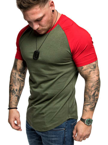 Amaci&Sons Basic Oversize Raglan T-Shirt mit Rundhalsausschnitt OMAHA in Khaki/Rot