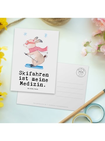 Mr. & Mrs. Panda Postkarte Hase Skifahren mit Spruch in Weiß