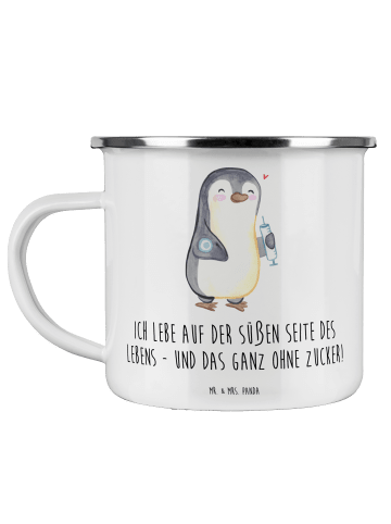 Mr. & Mrs. Panda Camping Emaille Tasse Pinguin Diabetes mit Spruch in Weiß