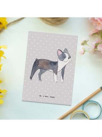 Mr. & Mrs. Panda Postkarte Boston Terrier Lebensretter ohne Spruch in Grau Pastell