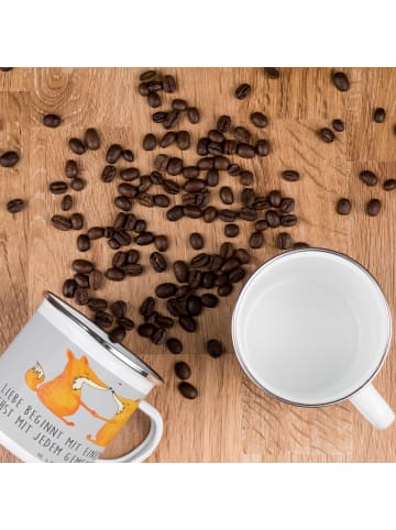 Mr. & Mrs. Panda Camping Emaille Tasse Hochzeit Liebe mit Spruch in Heather Grey