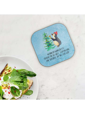 Mr. & Mrs. Panda Glas-Untersetzer Pinguin Weihnachtsbaum mit Spruch in Eisblau