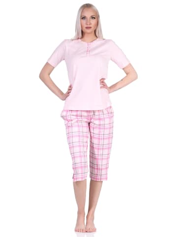 NORMANN kurzarm Schlafanzug karierter CapriHose Jersey in rosa