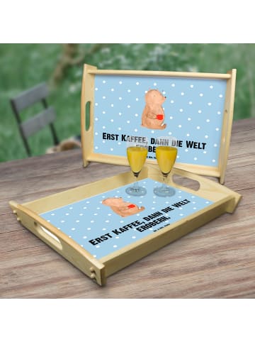 Mr. & Mrs. Panda Holztablett Bär Kaffee mit Spruch in Blau Pastell