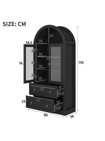 ABRIHOME Hochschrank in Schwarz 80x36x170 cm mit Schubladen Glastüren Bogen Design