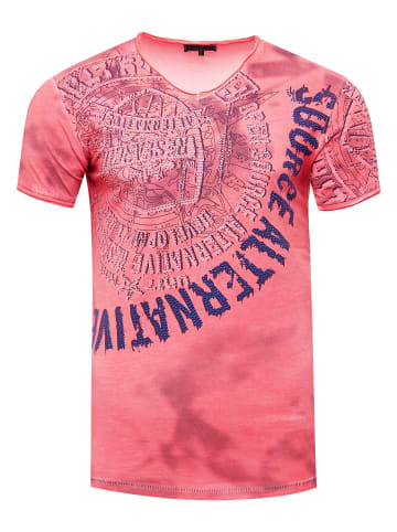 Rusty Neal V-Neck T-Shirt mit Strass Steinen Besetzt in Koralle