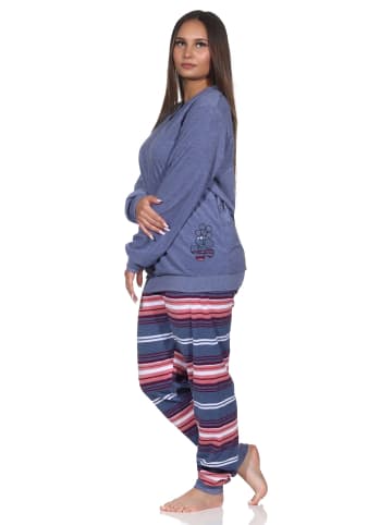 NORMANN Frottee Schlafanzug lang Bündchen Hose gestreift - 81797 in blau