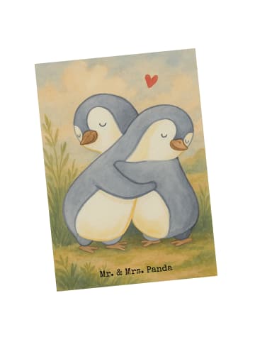 Mr. & Mrs. Panda Postkarte Pinguine Kuscheln Design ohne Spruch in Weiß
