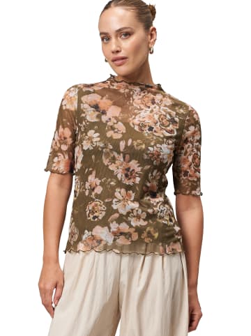 Zero  Mesh-Blumen-Shirt mit hohem Kragen in KhakiCream