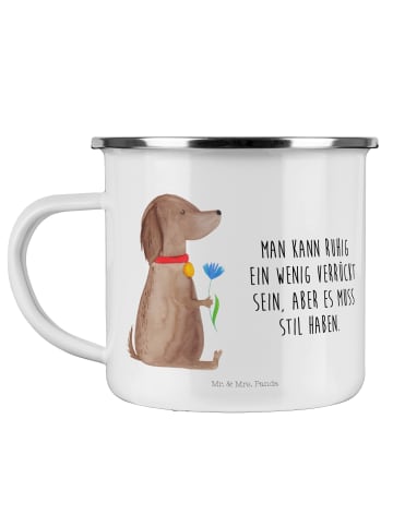 Mr. & Mrs. Panda Camping Emaille Tasse Hund Blume mit Spruch in Weiß