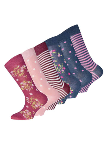 ewers 6er-Set Socken Blumen/Punkte/Ringel in marone - hell wildrose - tinte